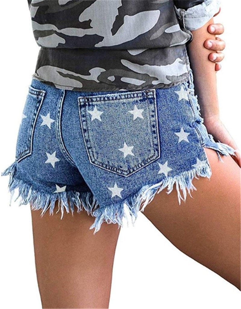 onlypuff Ripped Jean Shorts for Teen Girls Pull On Boyfriend Shorts Star Denim Shorts L - Image 3